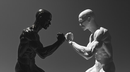 Monochrome image of two humanoid figures with a futuristic design, facing each other in a pose that suggests interaction or confrontation, set against a plain background.