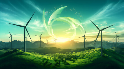 Panorama of wind turbines on the mountains