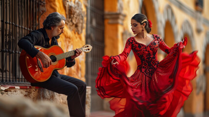 Flamenco dancer in a vibrant red dress performing with passion, accompanied by a guitarist against a warm, rustic backdrop, capturing the essence of Spanish culture.