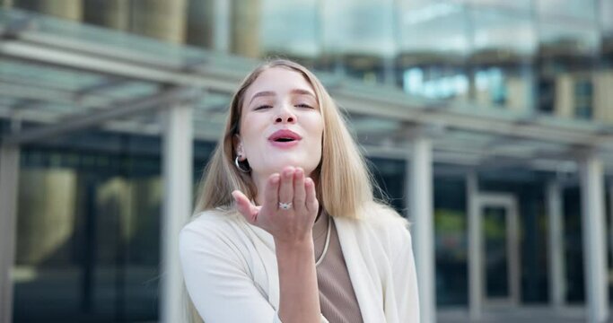 Employee, face and woman with peace sign, outdoor and professional with agreement and review. Portrait, New York city and consultant with v symbol and icon with person, feedback or emoji with support