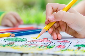 Child hand holding pencil and drawing house and family together with other kids	