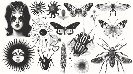 A monochrome collection of various insects and fantasy elements, including butterflies, beetles, and whimsical faces with floral and celestial motifs, ideal for creative backgrounds or tattoo designs.