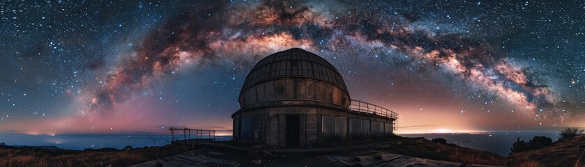 Abandoned observatory, dome open to a starry sky, silence reigning - obrazy, fototapety, plakaty