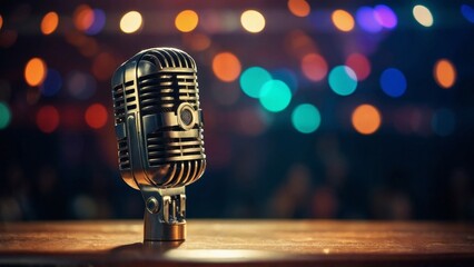 metal microphone on a background of blurred lights. Podcast and concert concept.