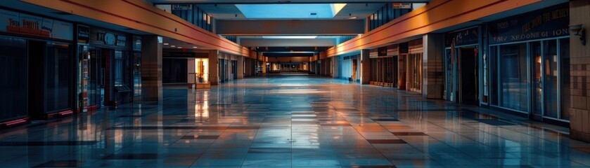 Abandoned shopping mall at twilight, lights flickering in the empty corridors