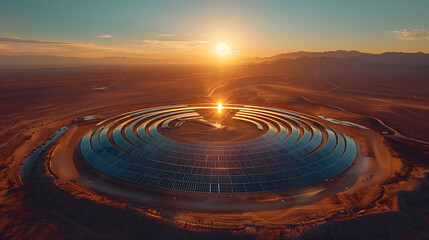Fototapeta na wymiar Aerial view of the solar power plant in the desert at sunset