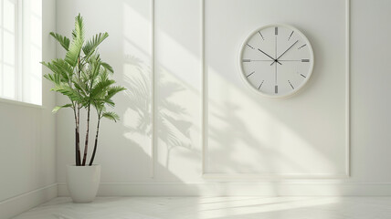 White wall with clock and decoration on white background with copy space for text