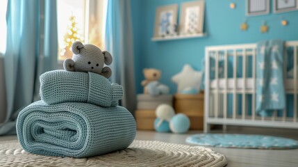 Cozy Nursery Room with Blue Knitted Blanket and Plush Toy on Rug by Crib