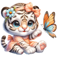 Cute tiger with dress watercolor, fashion, Baby tiger, Cute tiger clipart, Tiger clipart gift card, Baby tiger shirt PNG, Dress in holiday