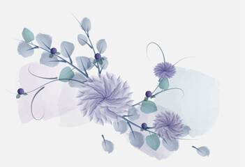 Watercolor flowers with branches and shimmers in purple and turquoise tones, and translucent splashes in the background. Vector illustration isolated on white background.