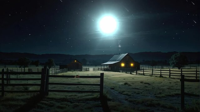 Midnight on the Prairie: Moonlight Casts a Serene Glow Over Midwest Farmland.