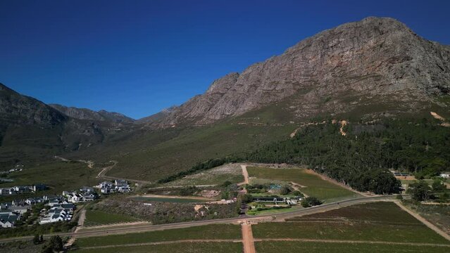 Aerial drone view of centuries old vineyards at Franschhoek, Western Cape, South Africa