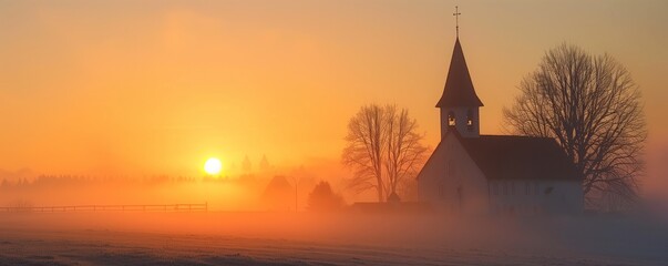 Church silhouette at sunrise misty morning	 - obrazy, fototapety, plakaty