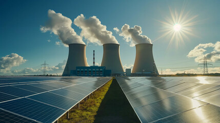 Nuclear power plant and solar power plant with golden sunshine - obrazy, fototapety, plakaty