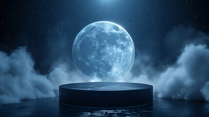 empty black podium on massive pale blue moon background with starry night sky and smoke on the floor for product display