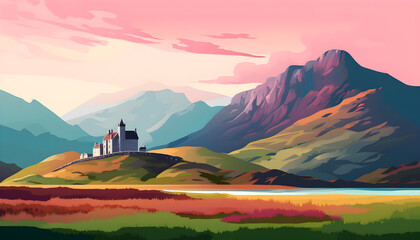 Scottish landscape with mountains and old castle by the lake. Illustration with autumn Scotland. - obrazy, fototapety, plakaty