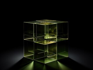 Olive glass cube abstract 3d render, on black background with copy space minimalism design for text or photo backdrop 