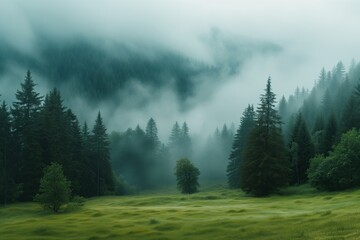 Idyllic and scenic view of trees on green grassy landscape in natural forest under dense foggy...