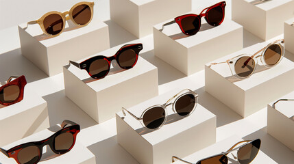 Assorted stylish sunglasses displayed on modern white shelves, showcasing a variety of frame designs and lens colors, suitable for fashion accessories advertising.