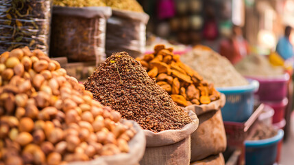 Various spices and herbs and dry fruits in the local market on a stall in the Arabian market, in India