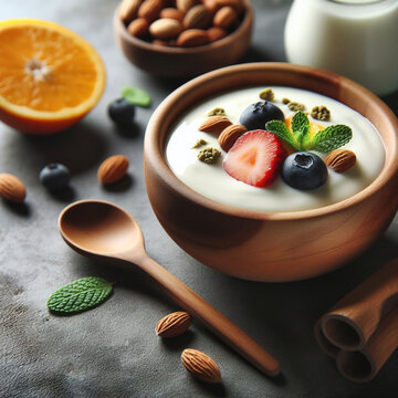 homemade organic coconut greek yogurt in wooden bowl, probiotics food for gut health, keto, ketogenic diet, dairy free and gluten free, healthy plant based vegan food