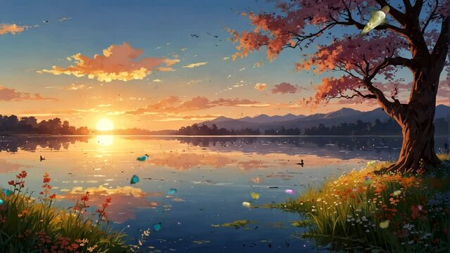Animation of a beautiful lakeside scene, in spring, flowers blooming beautifully, as the sun rises Seamless looping 4k time-lapse animation video background