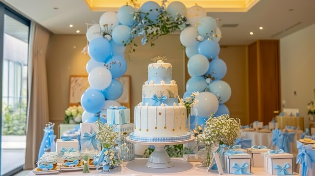 Elegant Blue and White Themed Party Setup with Decorative Balloons and Tiered Celebration Cake