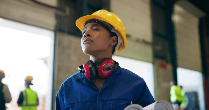Woman, inspection and construction warehouse for architecture or structural engineering with blueprints for planning and design. Female person, thinking and thoughts in factory site for renovation.