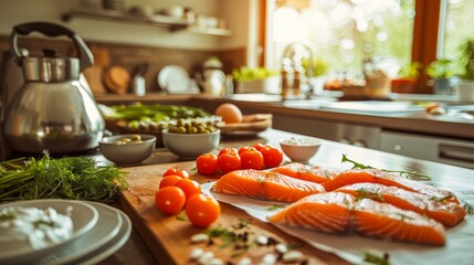 Fresh Salmon Fillets on Cutting Board with Vegetables in Sunlit Kitchen Healthy Eating and Cooking Concept