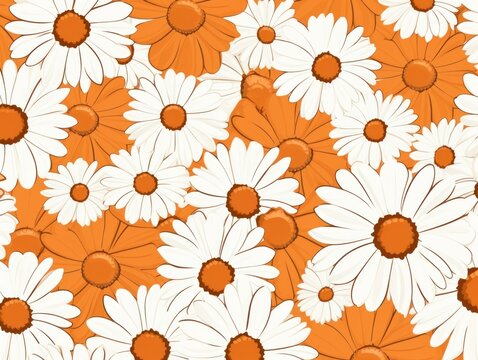 Orange and white daisy pattern, hand draw, simple line, flower floral spring summer background design with copy space for text or photo backdrop