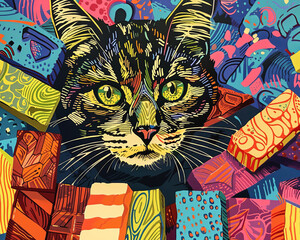 Colorful Pop Art Style Cat Illustration