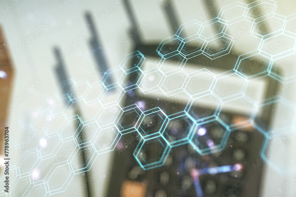 Poster double exposure of abstract virtual technology hologram with hexagon on blurry calculator background