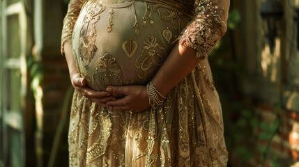 Elegant Pregnant Woman in Traditional Dress Holding Belly Tenderly, Maternity Beauty Portrait