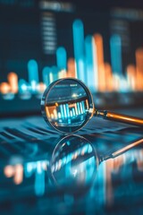 Magnifying glass on background with report chart and graph, business data analysis, stock finance, investment management concept	