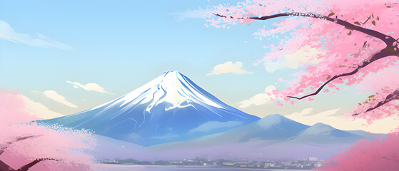 Japanese landscape with Mount Fuji. Spring landscape with sakura flowers.
