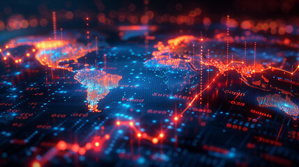 Futuristic digital world map with glowing nodes and data elements, representing global connectivity, network communications, and technology concept.