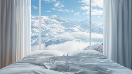 bedroom with white messy bedding and big window with view to beautiful. Summer, travel, vacation, holiday, mindfulness, relax, recreation, hotel, sleep