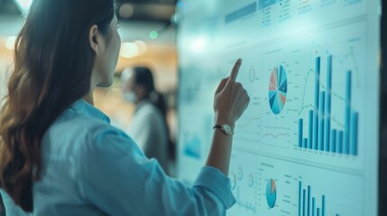 business woman executive manager holding presentation of growth concept idea in front of shareholders in meeting office of a company. showing finger on white board