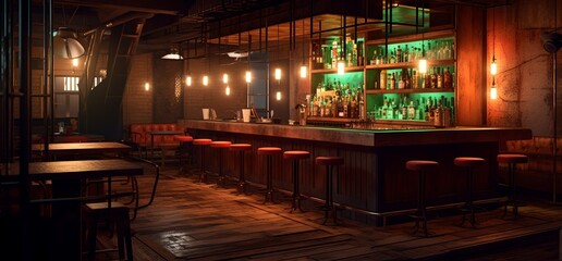 a dimly lit bar with a lot of stools and tables - obrazy, fototapety, plakaty