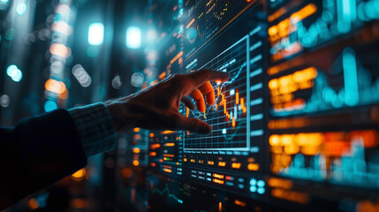 Close-up of a businessman's hand analyzing financial data on a futuristic digital screen with glowing graphs and stock market statistics.