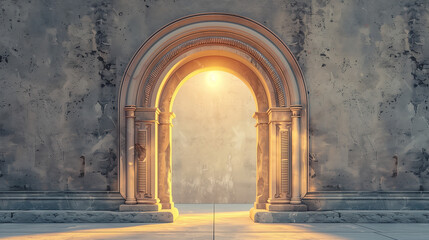 Vintage style arched doorway with intricate columns against a textured concrete wall, illuminated by a warm, ethereal light suggesting a portal or entrance to another realm.