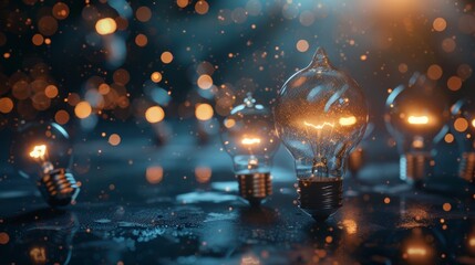 Great idea concept, Idea, innovation and inspiration, creativity with light bulbs that shine glitter on table, new ideas with innovative technology and creativity, business, education, technology