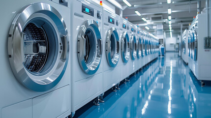 24 hours self service coin laundries and cloth dryers store. Washing machine self service laundry. Generative AI.