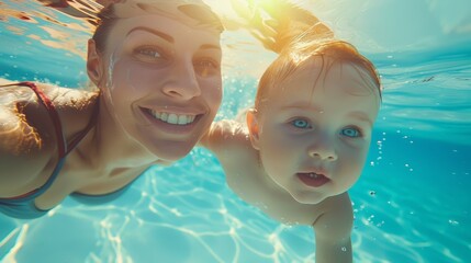 Cute smiling baby and mom having fun swimming and diving in the pool at the resort on summer vacation. Activities and sports to happy kid, family, holiday,