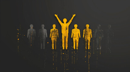 Conceptual image of a golden figure standing out in a row of grey figures on a textured black background, symbolizing leadership, individuality, and uniqueness. - obrazy, fototapety, plakaty