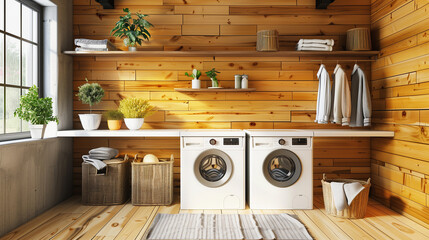 Obraz na płótnie Canvas Interior of minimalist bathroom with modern washing machine. Generative AI.