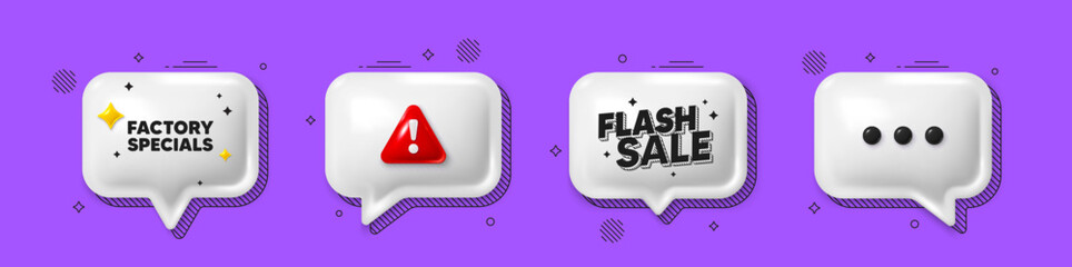 Offer speech bubble 3d icons. Factory specials tag. Sale offer price sign. Advertising discounts symbol. Factory specials chat offer. Flash sale, danger alert. Text box balloon. Vector