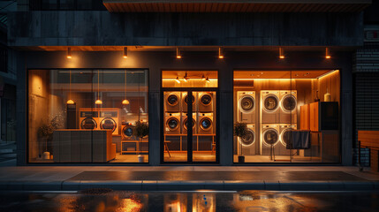 Modern 24 hours self service coin laundries and cloth dryers store. Washing machine self service laundry. Generative AI. - obrazy, fototapety, plakaty