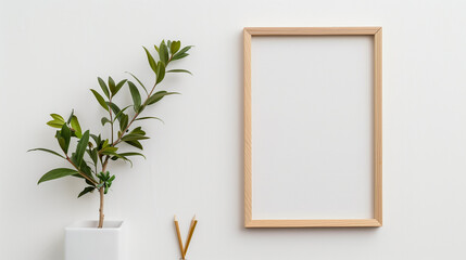 Minimalist composition with a wooden picture frame, green potted plant, and two pencils on a clean...