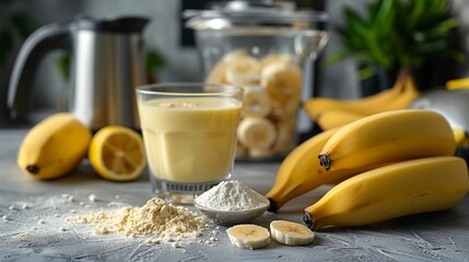 a blender with bananas and a measuring cup